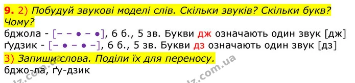 9. 2) Побудуй звукові моделі слів. Скільки звуків? Скільки букв? Чому? — ГДЗ Українська мова та читання 3 клас Коваленко (1 частина)