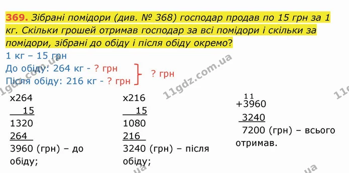 369. Зібрані помідори (див. № 368) господар продав по 15 грн за 1 кг. Скільки грошей отримав господар за всі помідори і скільки за — ГДЗ Математика 4 клас Заїка