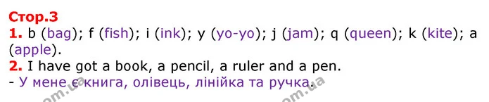 1. b (bag); f (fish); i (ink); y (yo-yo); j (jam); q (queen); k (kite); a (apple). — ГДЗ Робочий зошит Англійська мова 2 клас Косован (Мітчелл)