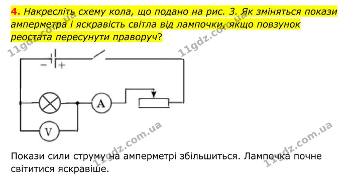4. Накресліть схему кола, що подано на рис. 3. Як зміняться покази амперметра і яскравість світла від лампочки, якщо повзунок реостата… — ГДЗ Фізика 8 клас Бар'яхтар