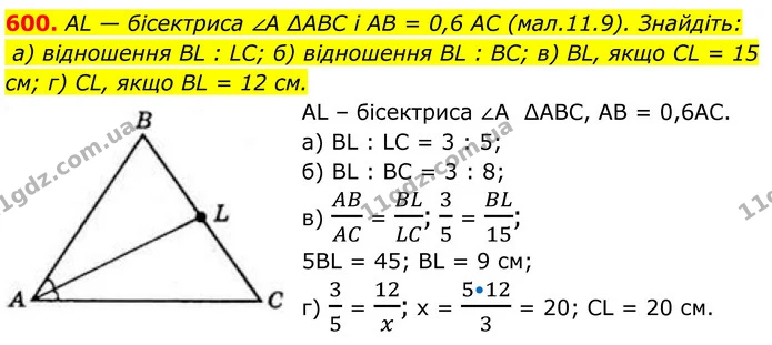 600. AL — бісектриса ∠A ∆ABC і AB = 0,6 AC (мал.11.9). Знайдіть: — ГДЗ Геометрія 8 клас Бевз
