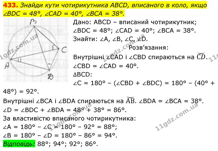 433. Знайди кути чотирикутника ABCD, вписаного в коло, якщо — ГДЗ Геометрія 8 клас Бевз