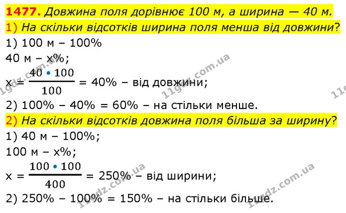 1477. Довжина поля дорівнює 100 м, а ширина — 40 м. — ГДЗ Математика 6 клас Кравчук 2023