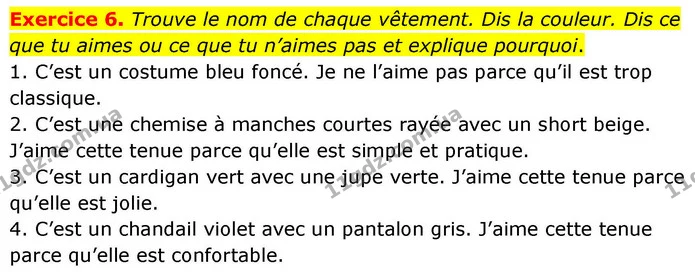 Exercice 6. Trouve le nom de chaque vêtement. Dis la couleur. Dis ce que tu aimes ou ce que tu n’aimes pas et explique pourquoi. — ГДЗ Французька мова 7 клас Чумак