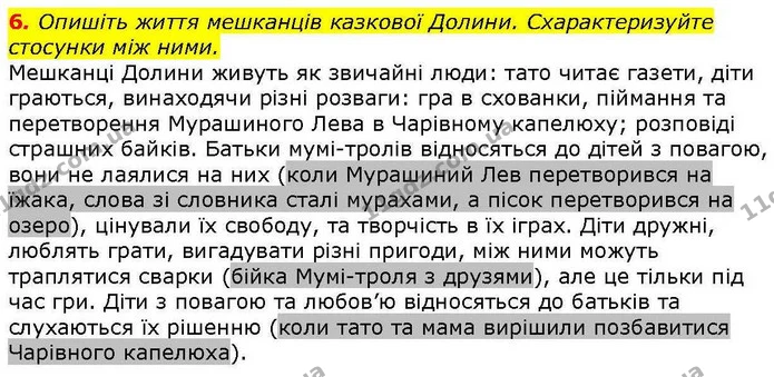 6. Опишіть життя мешканців казкової Долини. Схарактеризуйте стосунки між ними. — ГДЗ Зарубіжна література 5 клас Волощук