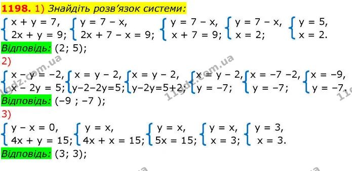 1198. 1) Знайдіть розв’язок системи: — ГДЗ Алгебра 7 клас Істер 2024