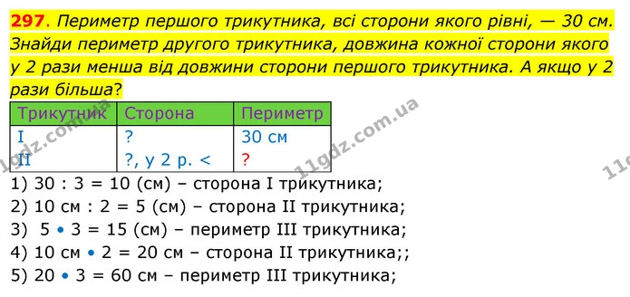 297. Периметр першого трикутника, всі сторони якого рівні, — 30 см. Знайди периметр другого трикутника, довжина кожної сторони якого у — ГДЗ Математика 3 клас Бевз 2 частина