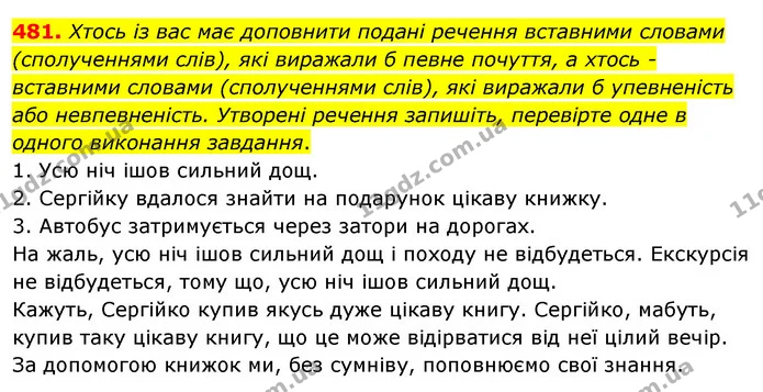 481. Хтось із вас має доповнити подані речення вставними словами (сполученнями слів), які виражали б певне почуття, а хтось - вставними — ГДЗ Українська мова 5 клас Заболотний 2022