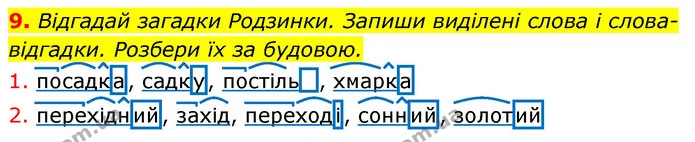 9. Відгадай загадки Родзинки. Запиши виділені слова і слова-відгадки. Розбери їх за будовою. — ГДЗ Українська мова 3 клас Пономарьова 2020