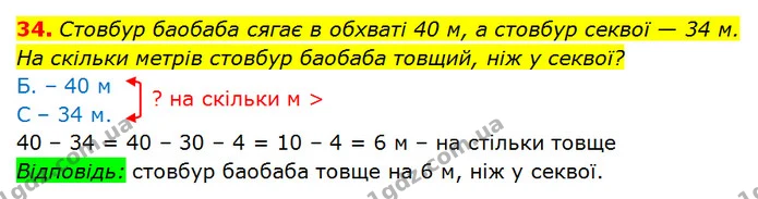 34. Стовбур баобаба сягає в обхваті 40 м, а стовбур секвої — 34 м. На скільки метрів стовбур баобаба товщий, ніж у секвої? — ГДЗ Математика 3 клас Оляницька 1 та 2 частини