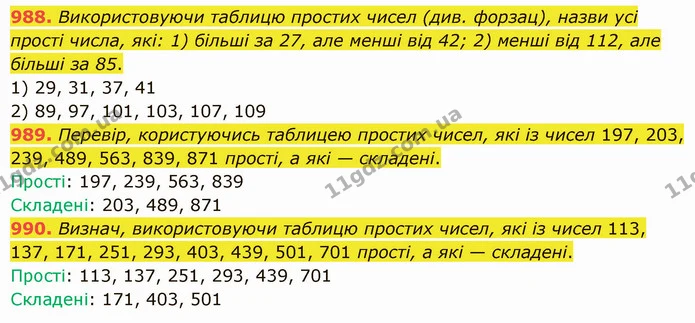 988. Використовуючи таблицю простих чисел (див. форзац), назви усі прості числа, які: 1) більші за 27, але менші від 42; 2) менші від — ГДЗ Математика 5 клас Істер 2022