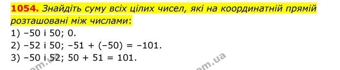 1054. Знайдіть суму всіх цілих чисел, які на координатній прямій розташовані між числами: — ГДЗ Математика 6 клас Кравчук 2023