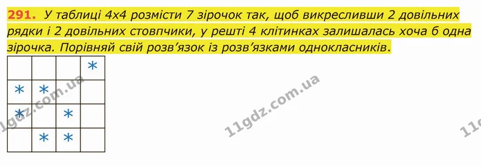 291. У таблиці 4x4 розмісти 7 зірочок так, щоб викресливши 2 довільних рядки і 2 довільних стовпчики, у решті 4 клітинках залишалась — ГДЗ Математика 5 клас Істер 2022