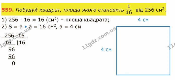559. Побудуй квадрат, площа якого становить від 256 см2. — ГДЗ Математика 4 клас Оляницька