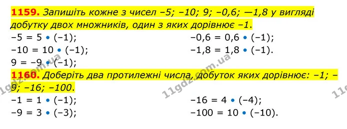 1159. Запишіть кожне з чисел –5; –10; 9; –0,6; —1,8 у вигляді добутку двох множників, один з яких дорівнює –1. — ГДЗ Математика 6 клас Кравчук 2023