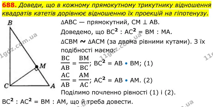 688. Доведи, що в кожному прямокутному трикутнику відношення квадратів катетів дорівнює відношенню їх проекцій на гіпотенузу. — ГДЗ Геометрія 8 клас Бевз