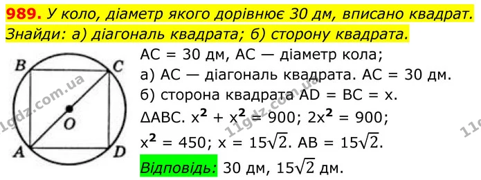 989. У коло, діаметр якого дорівнює 30 дм, вписано квадрат. — ГДЗ Геометрія 8 клас Бевз