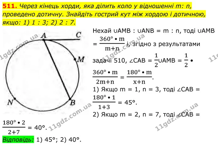 511. Через кінець хорди, яка ділить коло у відношенні m: n, проведено дотичну. Знайдіть гострий кут між xордою і дотичною, якщо: 1) 1 — ГДЗ Геометрія 8 клас Бурда