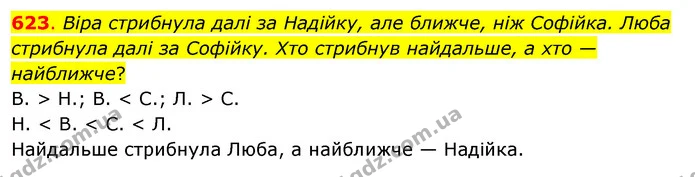 623. Віра стрибнула далі за Надійку, але ближче, ніж Софійка. Люба стрибнула далі за Софійку. Хто стрибнув найдальше, а хто — — ГДЗ Математика 3 клас Бевз 2 частина