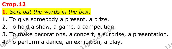 1. Sort out the words in the box. — ГДЗ Робочий зошит Англійська мова 7 клас Карпюк