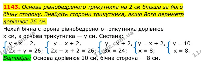 1143. Основа рівнобедреного трикутника на 2 см більша за його бічну сторону. Знайдіть сторони трикутника, якщо його периметр дорівнює — ГДЗ Алгебра 7 клас Істер 2020