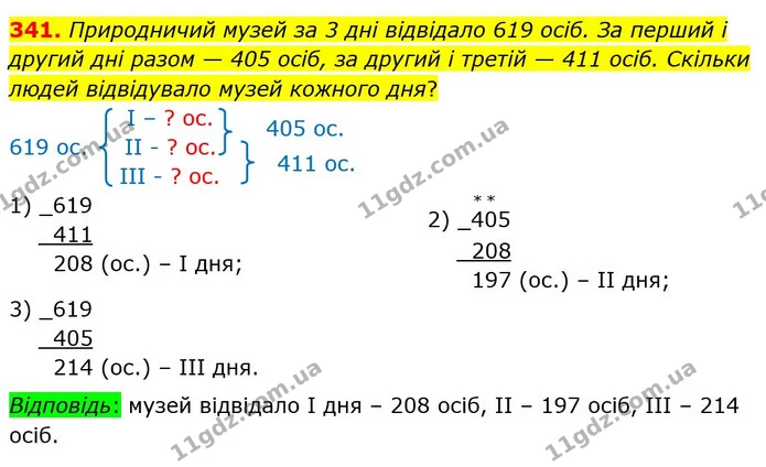 341. Природничий музей за 3 дні відвідало 619 осіб. За перший і другий дні разом — 405 осіб, за другий і третій — 411 осіб. Скільки — ГДЗ Математика 4 клас Лишенко 1-2 ч.