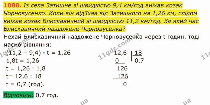 1080. Із села Затишне зі швидкістю 9,4 км/год виїхав козак Чорновусенко. Коли він від’їхав від Затишного на 1,26 км, слідом виїхав — ГДЗ Математика 5 клас Мерзляк