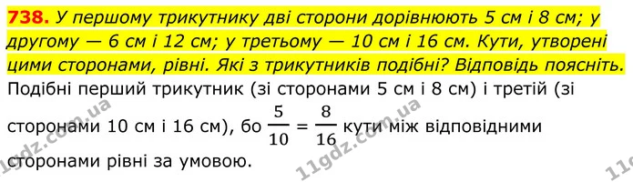738. У першому трикутнику дві сторони дорівнюють 5 см і 8 см; у — ГДЗ Геометрія 8 клас Бурда