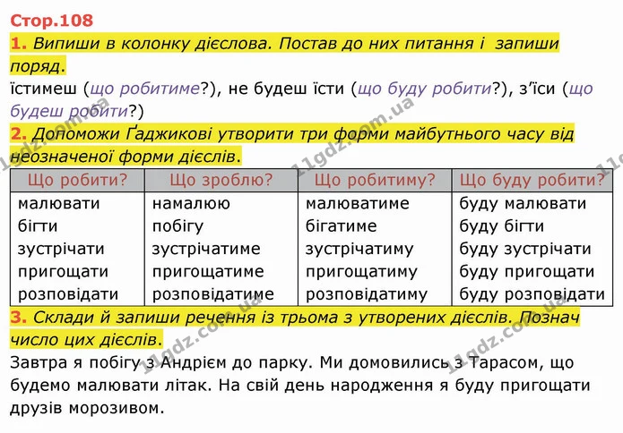 1. Випиши в колонку дієслова. Постав до них питання і запиши поряд. — ГДЗ Українська мова та читання 4 клас Пономарьова