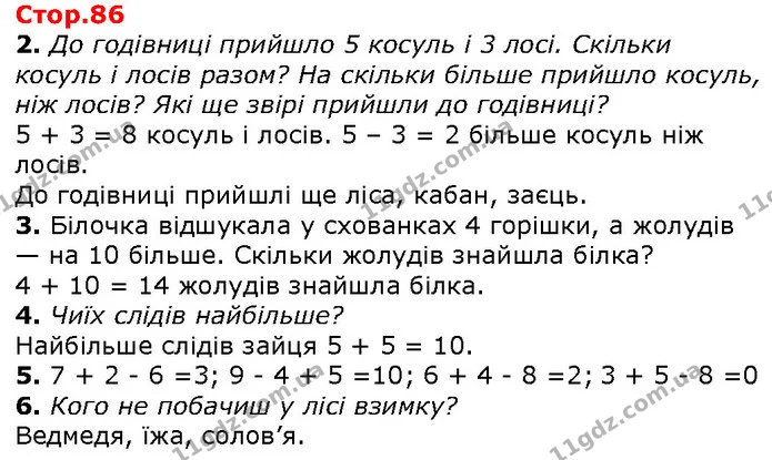 2. До годівниці прийшло 5 косуль і 3 лосі. Скільки косуль і лосів разом? На скільки більше прийшло косуль, ніж лосів? Які ще звірі — ГДЗ Математика 1 клас Лишенко 2018
