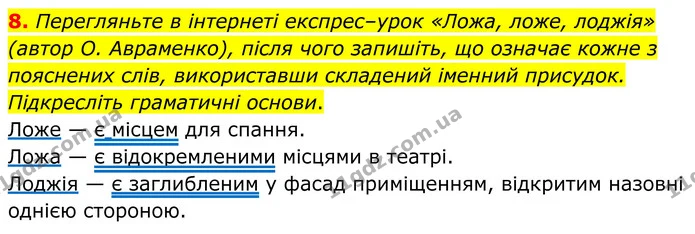 8. Перегляньте в інтернеті експрес–урок «Ложа, ложе, лоджія» (автор О. Авраменко), після чого запишіть, що означає кожне з пояснених — ГДЗ Українська мова 8 клас Авраменко