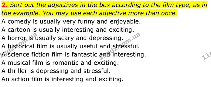 2. Sort out the adjectives in the box according to the film type, as in the example. You may use each adjective more than once. — ГДЗ Робочий зошит Англійська мова 7 клас Карпюк