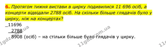 6. Протягом тижня вистави в цирку подивилися 11 696 осіб, а концерти відвідали 2788 осіб. На скільки більше глядачів було у цирку, ніж — ГДЗ Математика 4 клас Бевз 1 та 2 частини