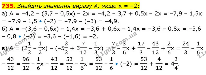 735. Знайдіть значення виразу A, якщо x = –2: — ГДЗ Математика 6 клас Бевз 1-2 ч.