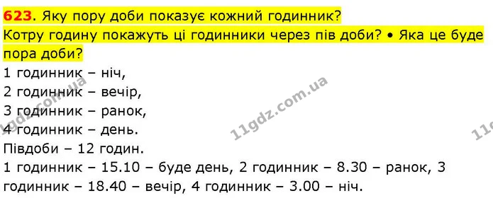 623. Яку пору доби показує кожний годинник? — ГДЗ Математика 3 клас Козак 1-2 ч.