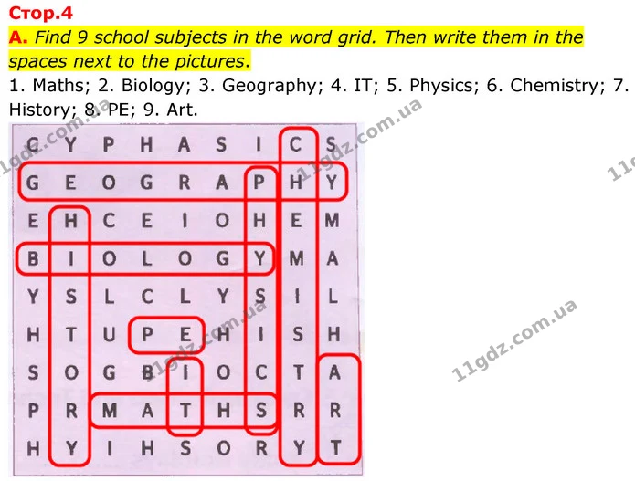 A. Find 9 school subjects in the word grid. Then write them in the spaces next to the pictures. — ГДЗ робочий зошит Англійська мова 7 клас Мітчелл
