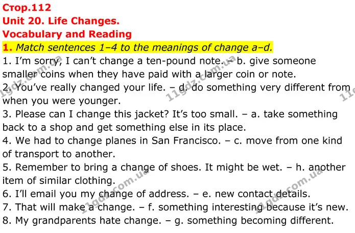 1. Match sentences 1–4 to the meanings of change a–d. — ГДЗ Англійська мова 7 клас Коста