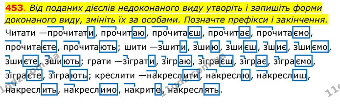 453. Від поданих дієслів недоконаного виду утворіть і запишіть форми доконаного виду, змініть їх за особами. Позначте префікси і — ГДЗ Українська мова 6 клас Ворон, Солопенко