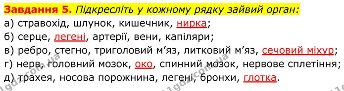 5. Підкресліть у кожному рядку зайвий орган: — ГДЗ Робочий зошит Біологія 7 клас Мирна 2024