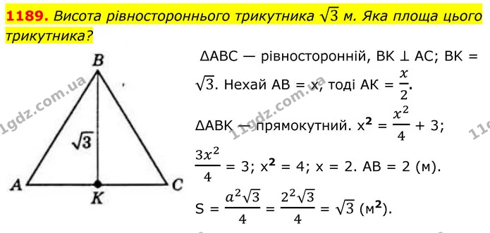 1189. Висота рівностороннього трикутника 3 м. Яка площа цього трикутника? — ГДЗ Геометрія 8 клас Бевз