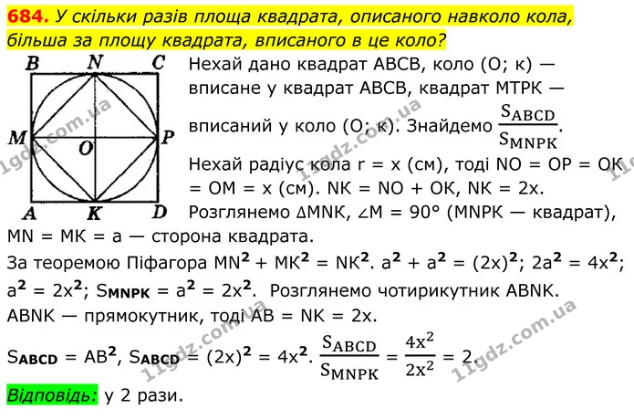 684. У скільки разів площа квадрата, описаного навколо кола, — ГДЗ Геометрія 8 клас Мерзляк