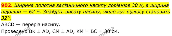 902. Ширина полотна залізничного насипу дорівнює 30 м, а ширина підошви — 62 м. Знайдіть висоту насипу, якщо кут відкосу становить 32°. — ГДЗ Геометрія 8 клас Бевз