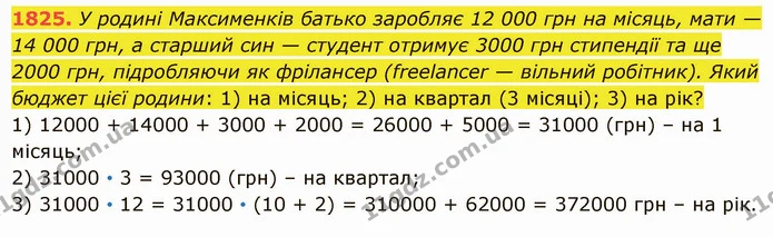 1825. У родині Максименків батько заробляє 12 000 грн на місяць, мати — 14 000 грн, а старший син — студент отримує 3000 грн стипендії — ГДЗ Математика 5 клас Істер 2022
