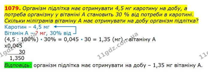 1079. Організм підлітка має отримувати 4,5 мг каротину на добу, а потреба організму у вітаміні А становить 30 % від потреби в каротині — ГДЗ математика 5 клас Мерзляк 2018