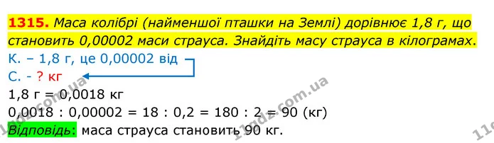 1315. Маса колібрі (найменшої пташки на Землі) дорівнює 1,8 г, що становить 0,00002 маси страуса. Знайдіть масу страуса в кілограмах. — ГДЗ Математика 5 клас Кравчук