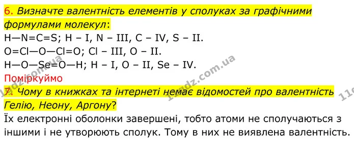 6. Визначте валентність елементів у сполуках за графічними формулами молекул: — ГДЗ Хімія 8 клас Попель