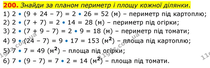 200. Знайди за планом периметр і площу кожної ділянки. — ГДЗ Математика 5 клас Скворцова 2022