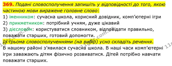 369. Подані словосполучення запишіть у відповідності до того, якою частиною мови виражене головне слово: — ГДЗ Українська мова 5 клас Глазова 2022