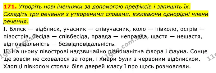 171. Утворіть нові іменники за допомогою префіксів і запишіть їх. Складіть три речення з утвореними словами, вживаючи однорідні члени — ГДЗ Українська мова 6 клас Ворон, Солопенко