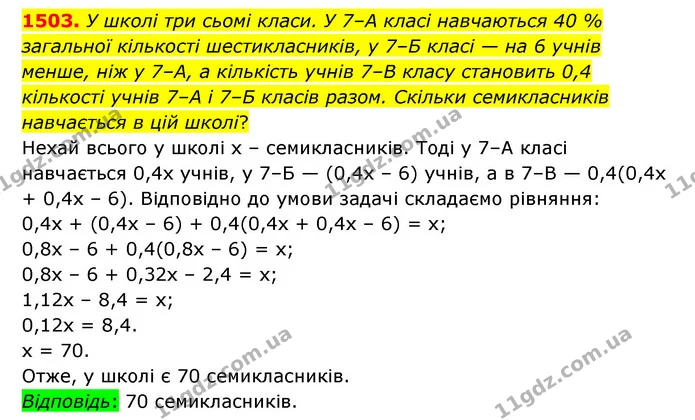 1503. У школі три сьомі класи. У 7–А класі навчаються 40 % загальної кількості шестикласників, у 7–Б класі — на 6 учнів менше, ніж у — ГДЗ Математика 6 клас Тарасенкова 2023 1-2 ч.